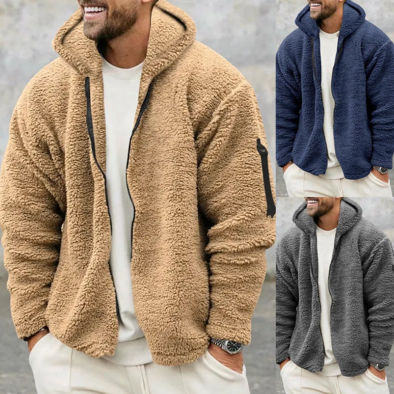 Double Sided Fleece Hooded Coat With Zipper Loose Casual