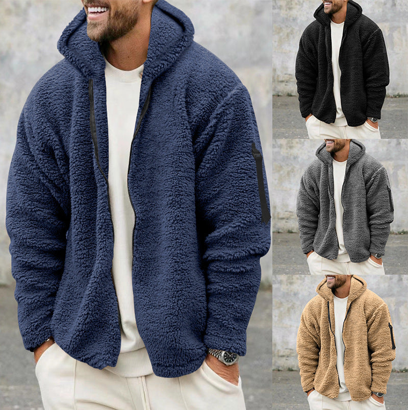 Double Sided Fleece Hooded Coat With Zipper Loose Casual