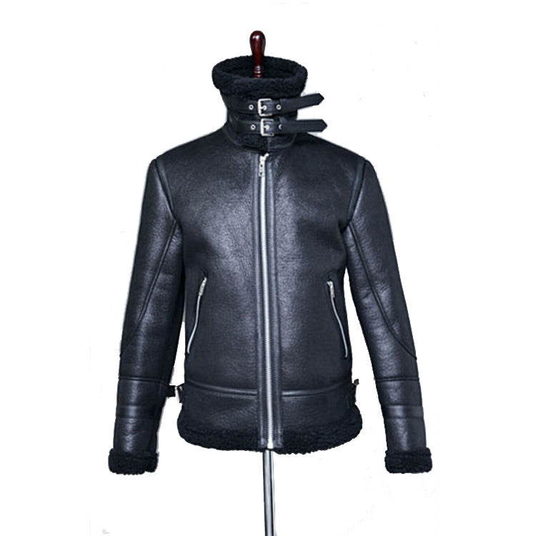 Highneck Warm Fur Liner Lapel Leather Zipper