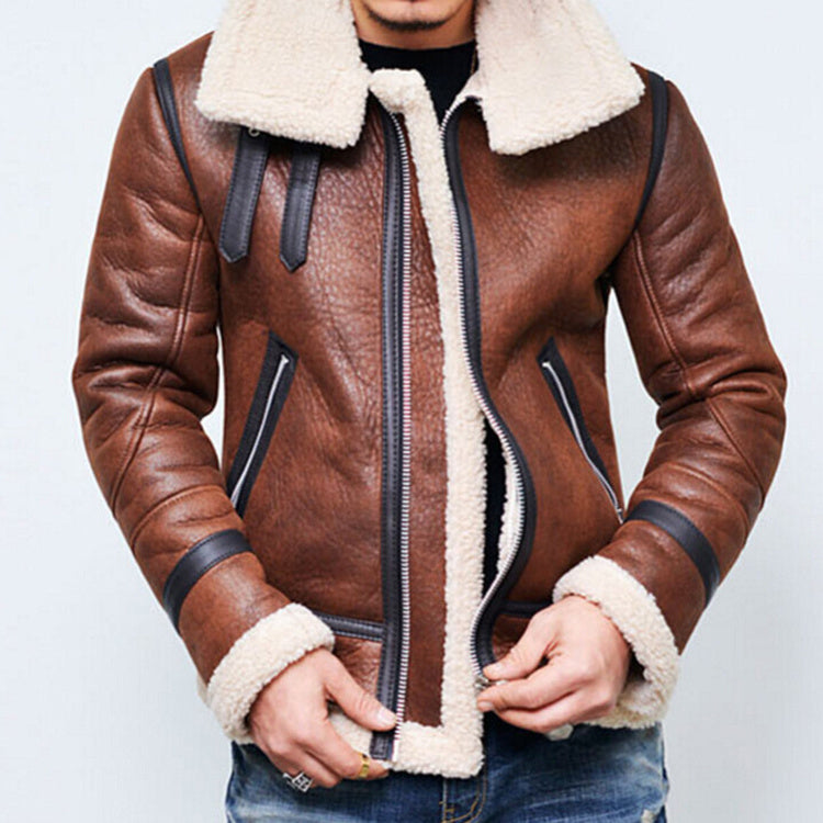 Highneck Warm Fur Liner Lapel Leather Zipper