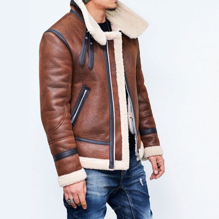 Highneck Warm Fur Liner Lapel Leather Zipper