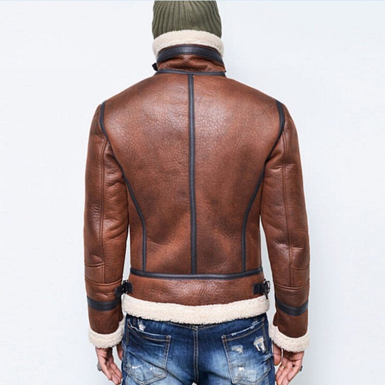 Highneck Warm Fur Liner Lapel Leather Zipper