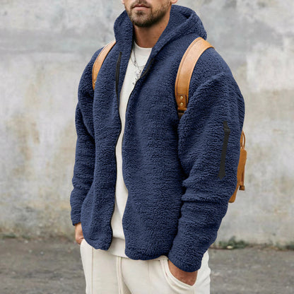 Double Sided Fleece Hooded Coat With Zipper Loose Casual