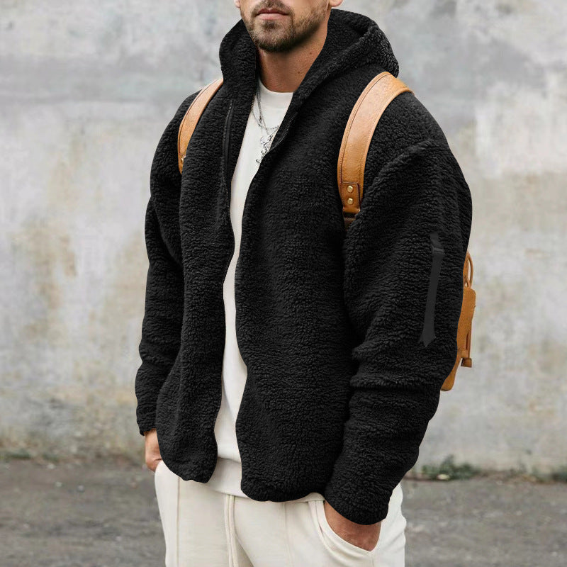 Double Sided Fleece Hooded Coat With Zipper Loose Casual