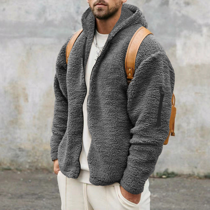 Double Sided Fleece Hooded Coat With Zipper Loose Casual