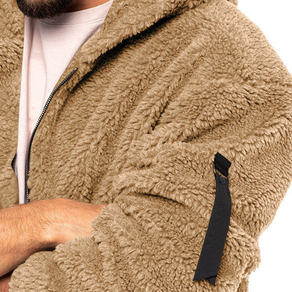 Double Sided Fleece Hooded Coat With Zipper Loose Casual