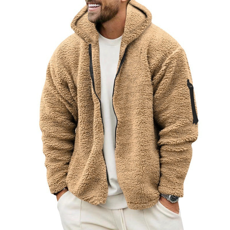 Double Sided Fleece Hooded Coat With Zipper Loose Casual