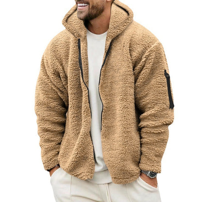 Double Sided Fleece Hooded Coat With Zipper Loose Casual