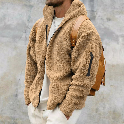 Double Sided Fleece Hooded Coat With Zipper Loose Casual